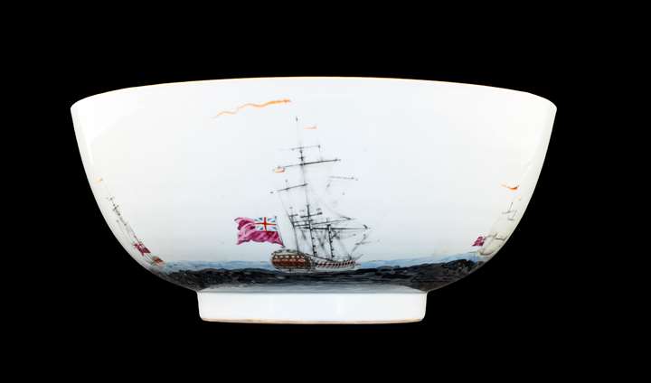 Chinese export porcelain punchbowl with English ships